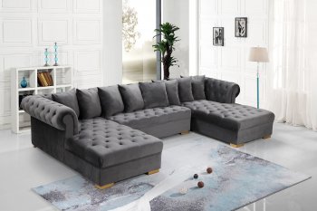 Presley Sectional Sofa 698 in Grey Velvet Fabric by Meridian [MRSS-698 Presley Grey]