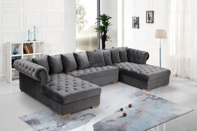 Presley Sectional Sofa 698 in Grey Velvet Fabric by Meridian