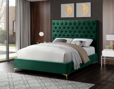 Cruz Bed in Green Velvet Fabric by Meridian w/Options