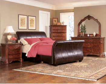 Distressed Cherry Bedroom w/Dark Brown Bycast Leather Sleigh Bed [CRBS-147-300111]