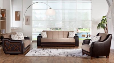 Cream Fabric & Espresso Vinyl Modern Sofa and Loveseat Set