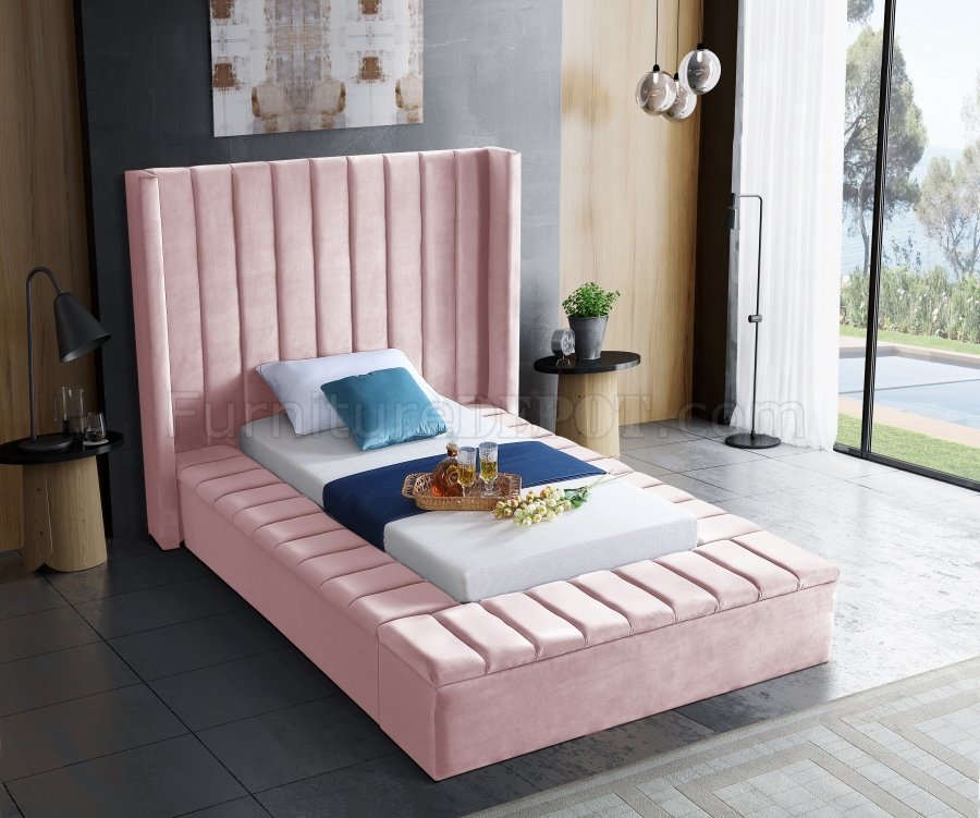 Kiki Upholstered Bed in Pink Velvet Fabric by Meridian