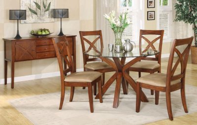 Brown Cherry Finish Modern Glass Top Dining Table w/Options