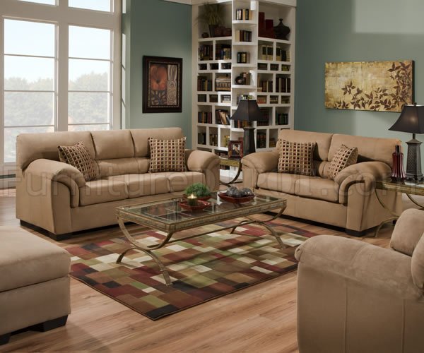 Latte Microfiber Modern Sofa & Loveseat Set w/Throw Pillows - Click Image to Close