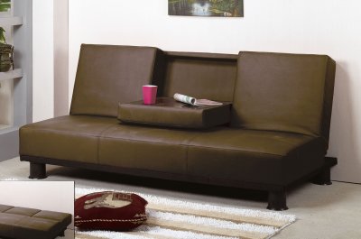 Brown Micro Suede Contemporary Sofa Bed w/Drop Down Center Table