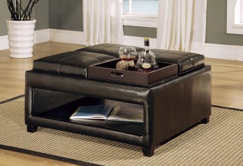 Black Leather Traditional Cocktail Ottoman w/Open Base Storage [HLCT-T467]