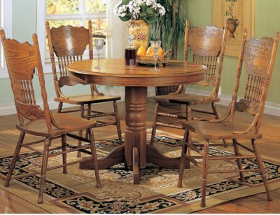 Solid Oak Finish Dinette with Round Table & Oak Wooden Chairs