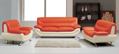 Modern Orange & Beige Two-Tone Leather Living Room Set