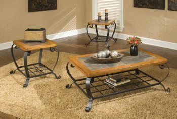 3PC Ocassional Table Set w/Slate Inlays & Decorative Metal Base [HLCT-T555]