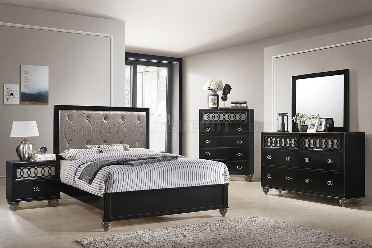 F9398 5Pc Bedroom Set in Black & Platinum by Poundex w/Options