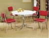 White Round Top & Chrome Base Modern 5Pc Dining Set w/Red Chairs