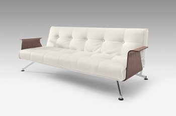 White Full Leatherette Modern Convertible Sofa Bed w/Walnut Arms [INSB-Clubber-03]