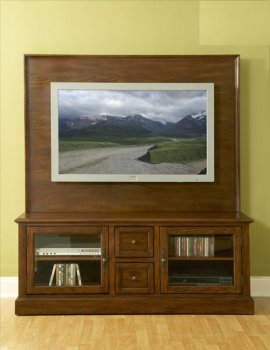 Warm Oak Finish Traditional Wall Unit w/Framed Glass Doors [HETV-8021]