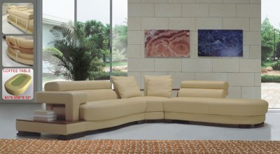 Beige Leatherette Modern Sectional Sofa W/Wooden Shelves