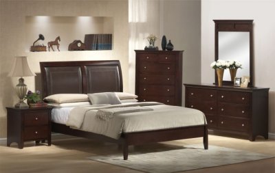 Brown Finish Contemporary Bed w/Brown Faux Leather Headboard