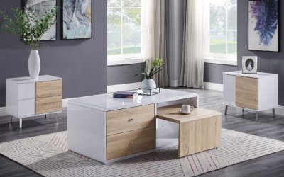 Verux 3Pc Coffee & End Table Set 84930 in White & Oak by Acme