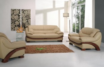 Beige Leather Modern 3Pc Sofa Set w/Wooden Legs & Accents [VGS-870]