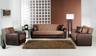 Elegant Truffle & Brown Living Room with Sleeper Sofa & Storage