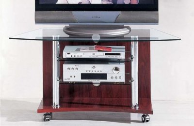 Mahogany Color Wooden TV Stand With Glass Shelves