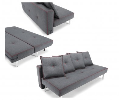 Dark Grey Basic Fabric Modern Sofa Bed w/Red Contrast Stitching