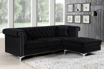 Damian Sectional Sofa 608 in Black Velvet Fabric by Meridian [MRSS-608 Damian Black]