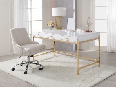 Ottey Desk 92695 White High Gloss & Gold by Acme w/Options