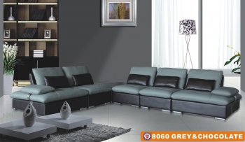 Grey & Chocolate Bonded Leather Modern 8060 Sectional Sofa [AESS-8060 Grey Chocolate]