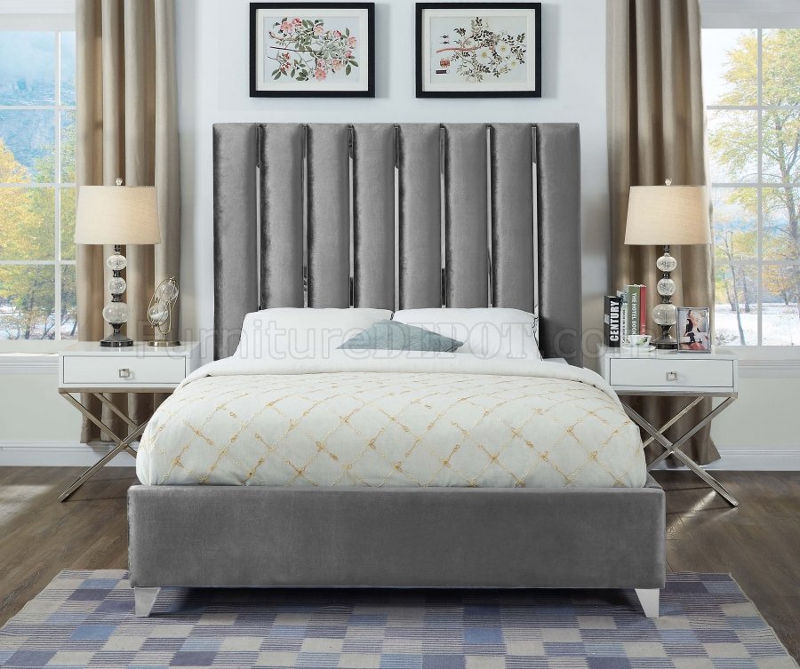 Enzo Upholstered Bed In Grey Velvet Fabric By Meridian 8380