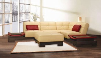 Beige Sectional & Ottoman Set w/Wenge Platform & Built-in Tables [BHSS-Lamar]