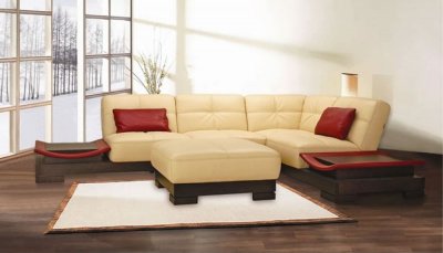 Beige Sectional & Ottoman Set w/Wenge Platform & Built-in Tables