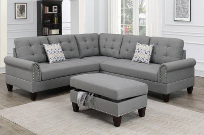 F6475 Sectional Sofa w/Ottoman in Gray Fabric by Poundex