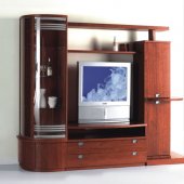 Cherry Finish Contemporay Wall Unit With Glass Door Cabinet