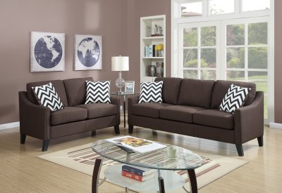 F6907 Sofa & Loveseat Set in Chocolate Linen-Like Fabric by Boss