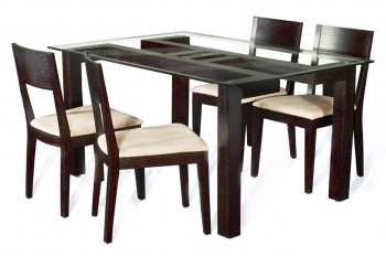 Rectangular Clear Glass Top Modern 5Pc Dining Set w/Wood Base [CYDS-LESLIE-DT-SET]