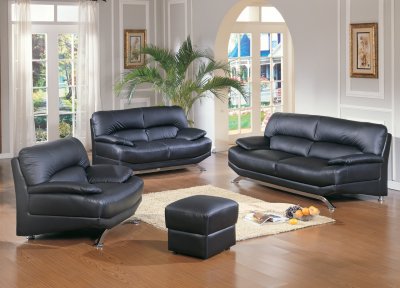 Black Bonded Full Leather Modern Sofa w/Optional Items