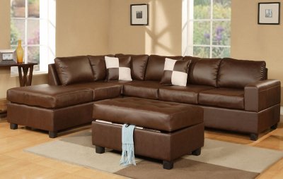 Walnut Bonded Leather Contemporary Sectional Sofa w/Ottoman