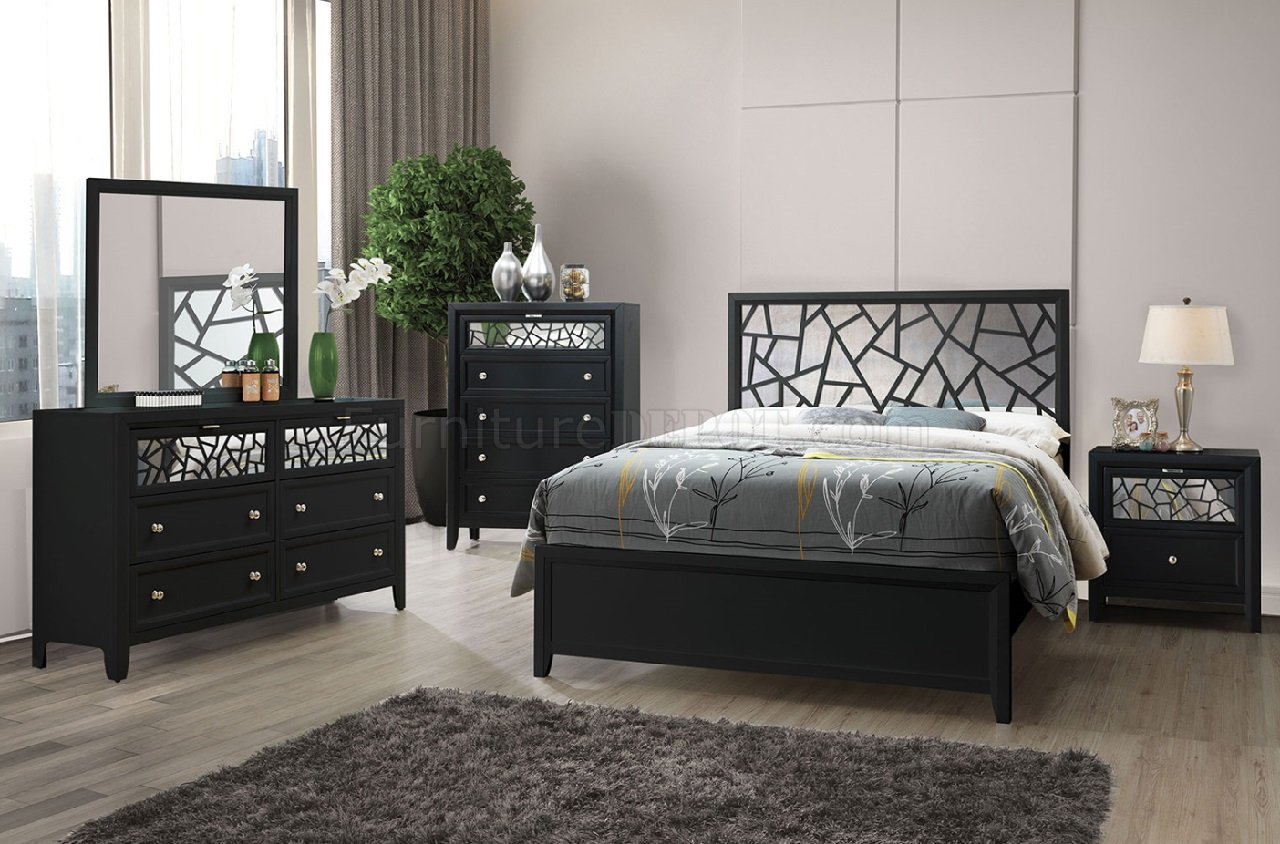 Kerri 5Pc Bedroom Set CM7990 in Black & Mirror w/Options