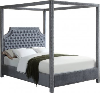 Rowan Upholstered Bed in Grey Velvet Fabric by Meridian w/Canopy [MRB-Rowan Grey]