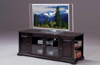 Espresso Finish Modern TV Stand w/Glass Doors & Side Shelves