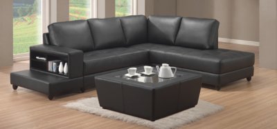 Contemporary Black Leather Match Sectional Sofa w/Book Holder