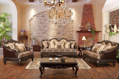 Alexa Traditional Sofa & Loveseat Set in Fabric & Bonded Leather