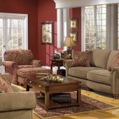 Beige Fabric Modern Sofa & Loveseat Set w/Cherry Finish Legs