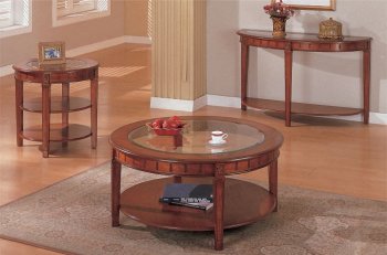 Cherry Brown Coffee, Console & End Table Set w/Clear Glass Inlay [PXCT-F6128]