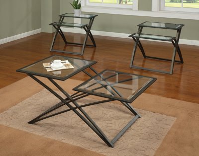 Glass Top & Gold Tone Metal Base Modern 3Pc Coffee Table Set