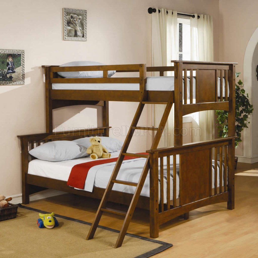 Dark Cherry Finish Modern Twin Over Full Bunk Bed w/Ladder