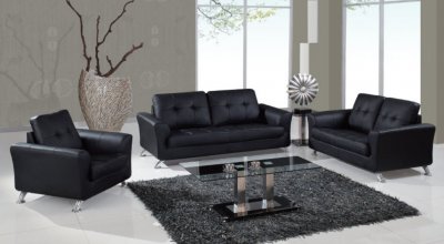 Black Bonded Leather Modern Sofa & Loveseat Set w/Metal Legs