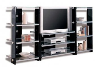 Black Contemporary Tv Stand W/Metal Frame & Glass Shelves [CRTV-425-720001]