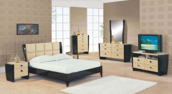 Two-Tone Wenge & Beige High Gloss Finish Stylish Bedroom Set [GFBS-Simone]