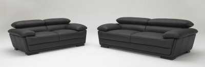 Black Full Top Grain Leather Modern 3PC Sofa Set w/Wood Legs