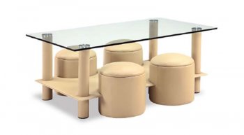 Beige Modern Coffee Table W/Clear Glass Top & Stools [GFCT-25C Beige]